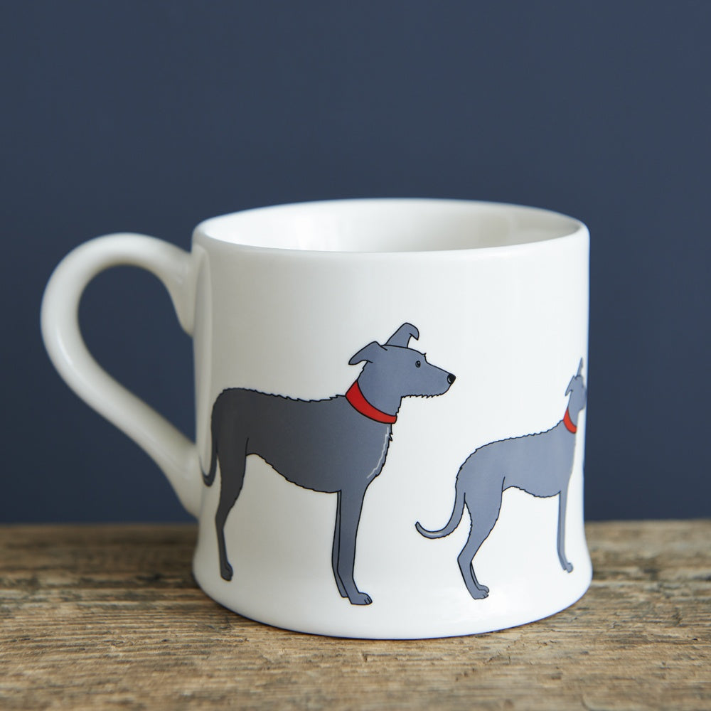 Sweet William Lurcher dog mug featuring a detailed illustration, perfect for dog lovers and coffee enthusiasts.