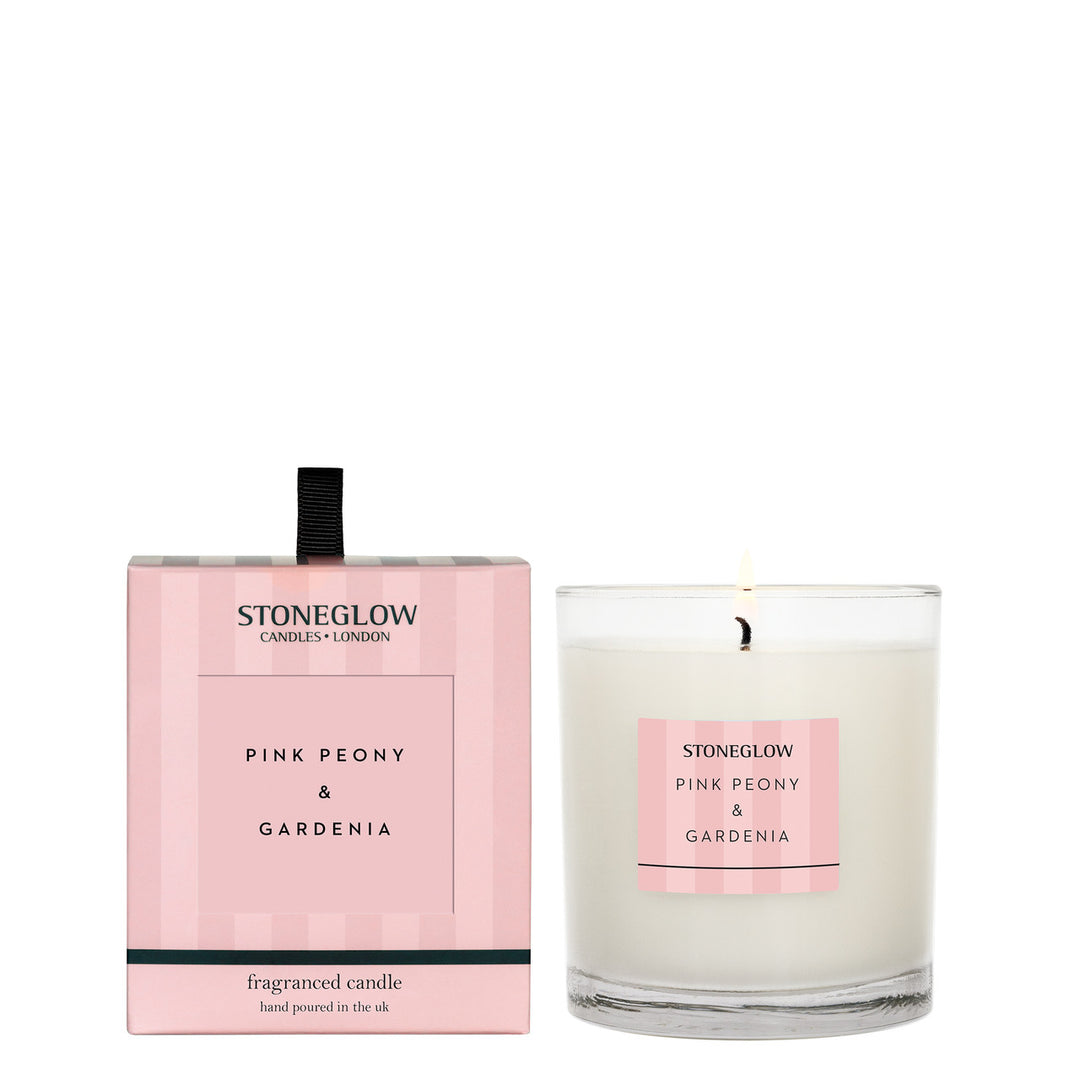 Stoneglow Modern Classics pink peony and gardenia scented boxed tumbler candle with floral design.
