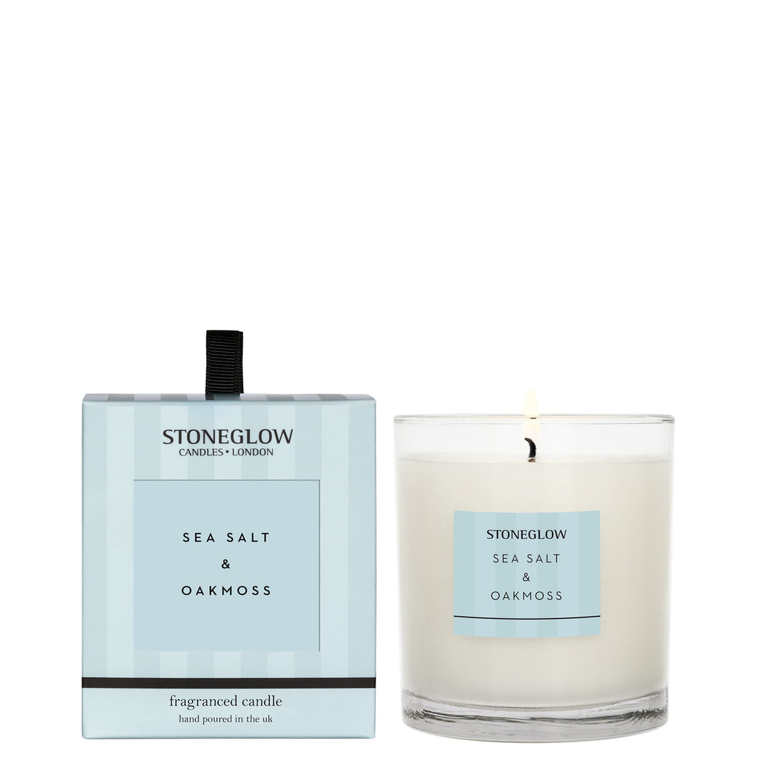 Stoneglow Modern Classics Sea Salt & Oakmoss boxed tumbler candle with a clean, elegant design and natural sea salt and oakmoss scent.