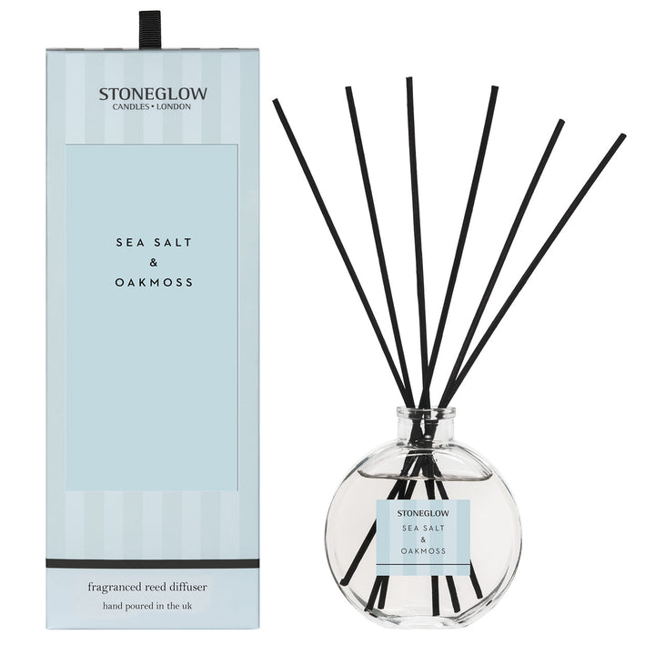 Stoneglow Modern Classics Sea Salt and Oakmoss reed diffuser, 120ml, featuring a stylish glass bottle with natural reed sticks.