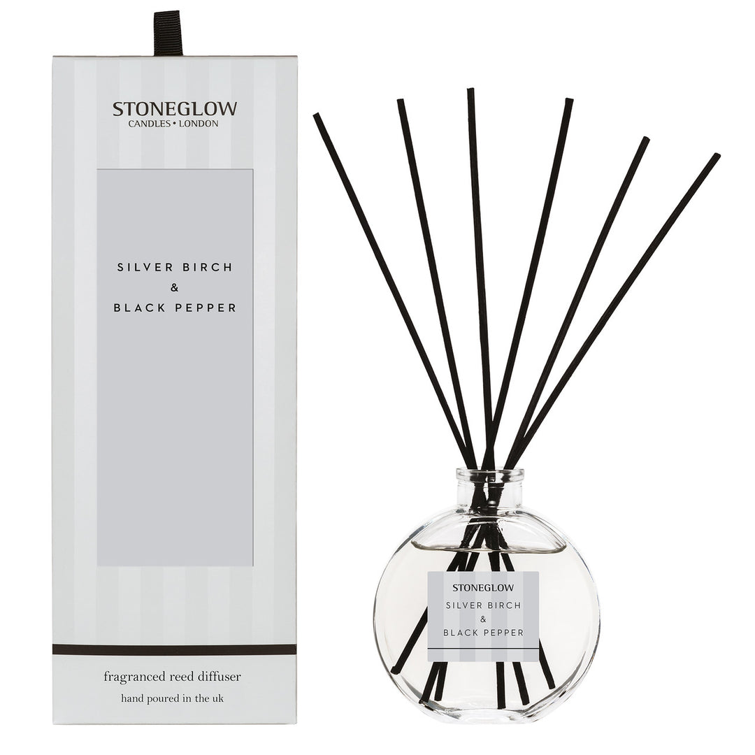 Stoneglow Modern Classics Silver Birch and Black Pepper reed diffuser in 120ml glass bottle with reeds for home fragrance.
