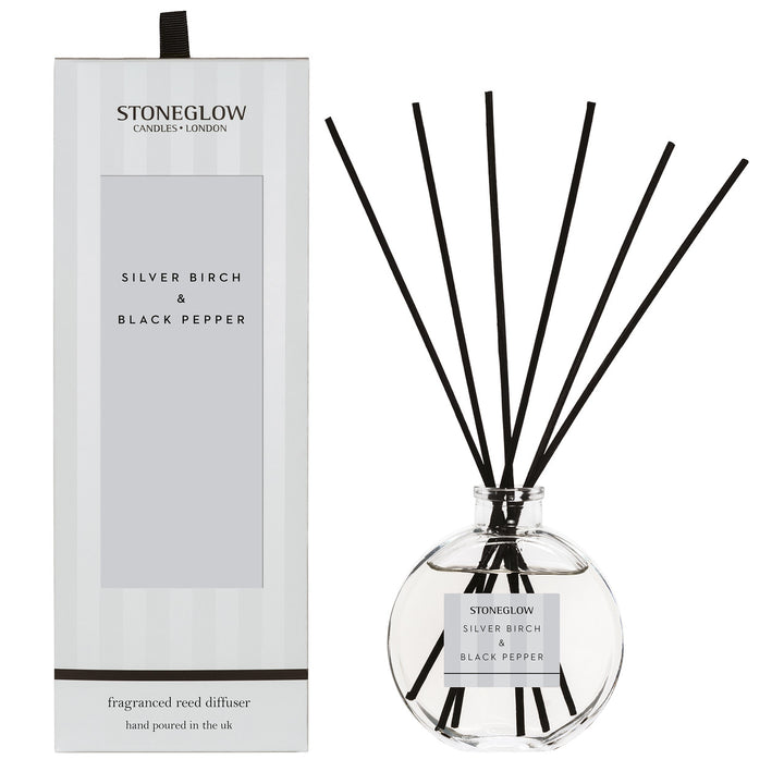Stoneglow Modern Classics Silver Birch and Black Pepper reed diffuser in 120ml glass bottle with reeds for home fragrance.