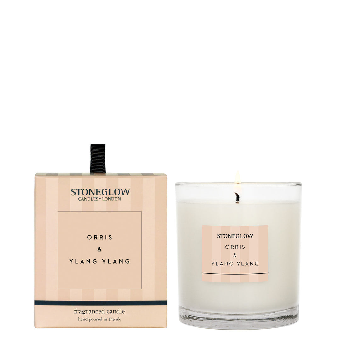 Stoneglow Modern Classics Oris and Ylang Ylang Candle in a sleek container, showcasing elegant design and floral fragrance.