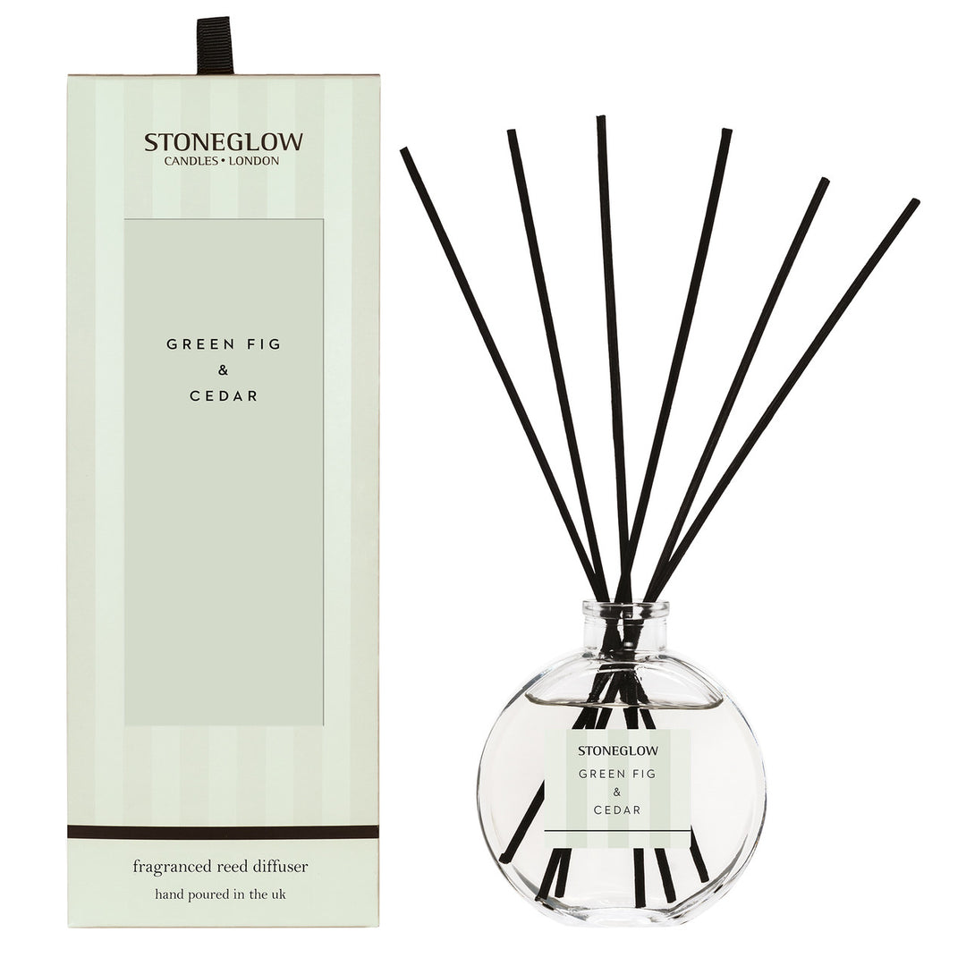 Stoneglow Modern Classics Green Fig and Cedar Reed Diffuser with glass bottle and reed sticks for home fragrance.