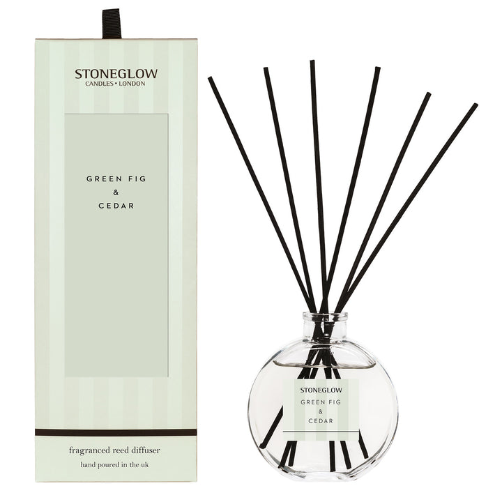 Stoneglow Modern Classics Green Fig and Cedar Reed Diffuser with glass bottle and reed sticks for home fragrance.