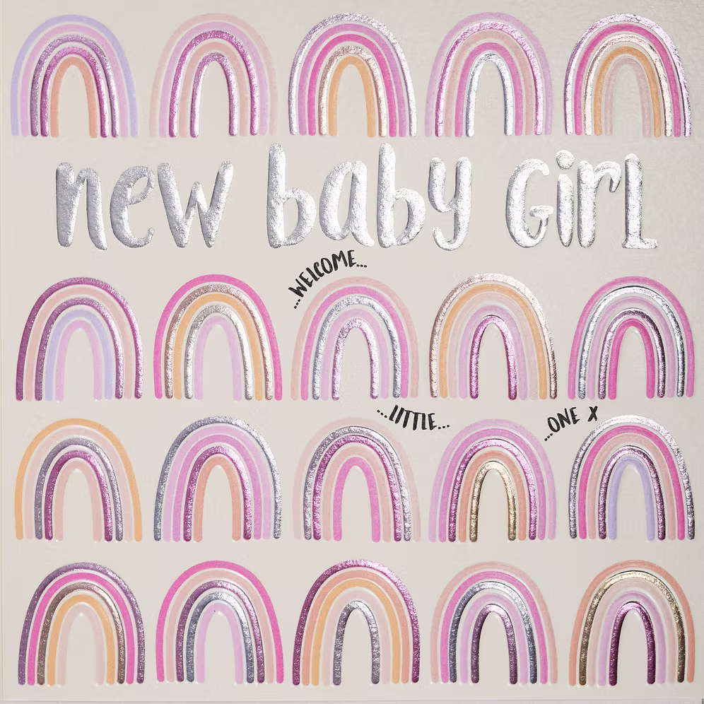 Baby girl rainbow card by Wendy Jones-Blackett featuring colorful rainbow illustrations on a greeting card.
