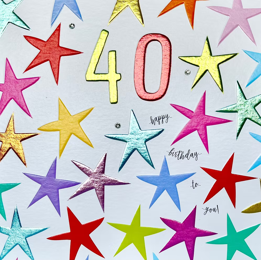 Wendy Jones-Blackett 40th birthday multi-star greeting card featuring colorful stars and festive design.