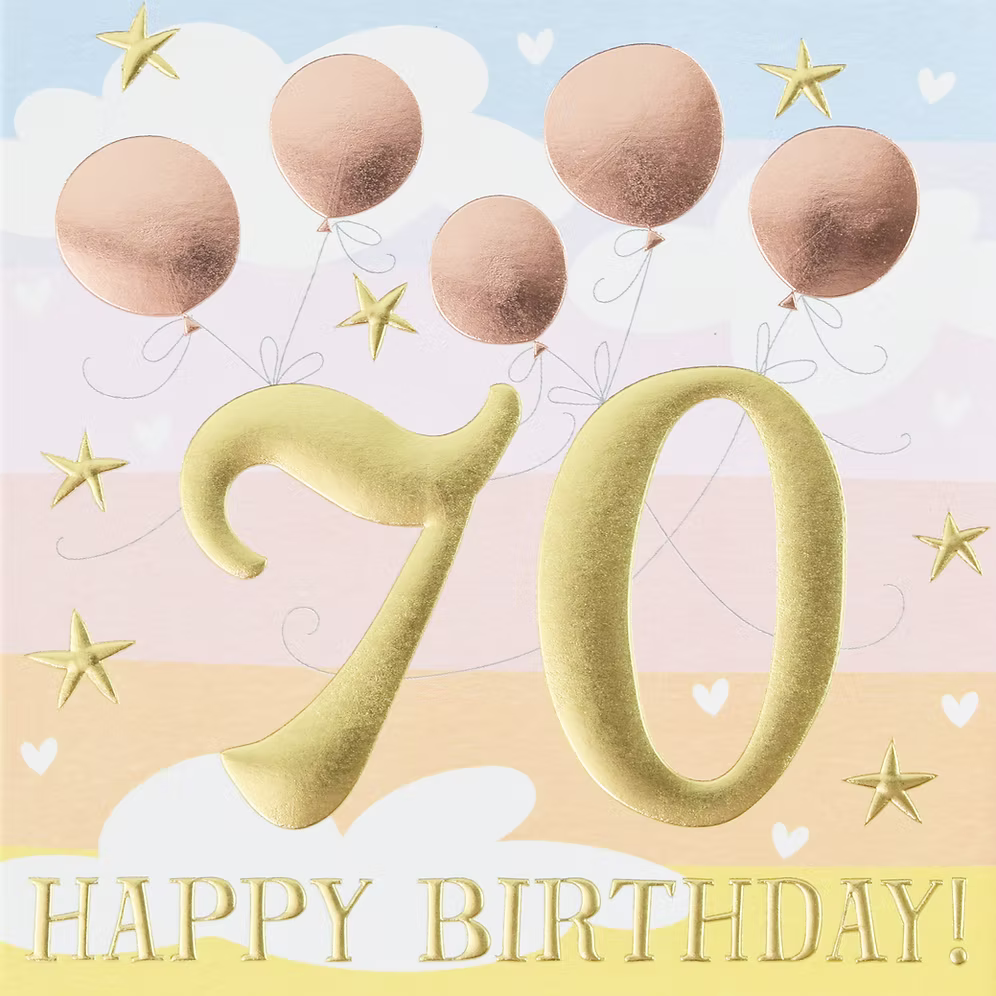 Colorful 70 Happy Birthday card by Wendy Jones-Blackett for Cornucopia Worcester, featuring cheerful birthday greeting and vibrant design.