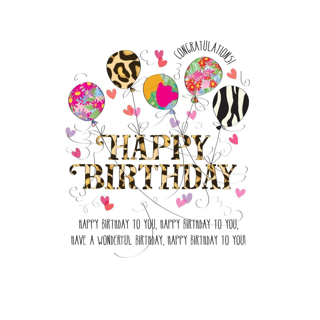 Colorful Happy Birthday card by Wendy Jones-Blackett featuring cheerful illustrations for special celebrations.