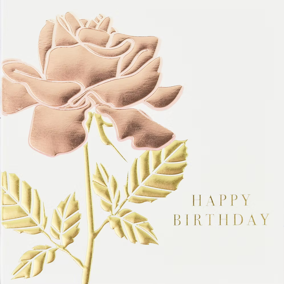 Happy Birthday card featuring a rose design by Wendy Jones-Blackett, from Cornucopia Home and Gift.