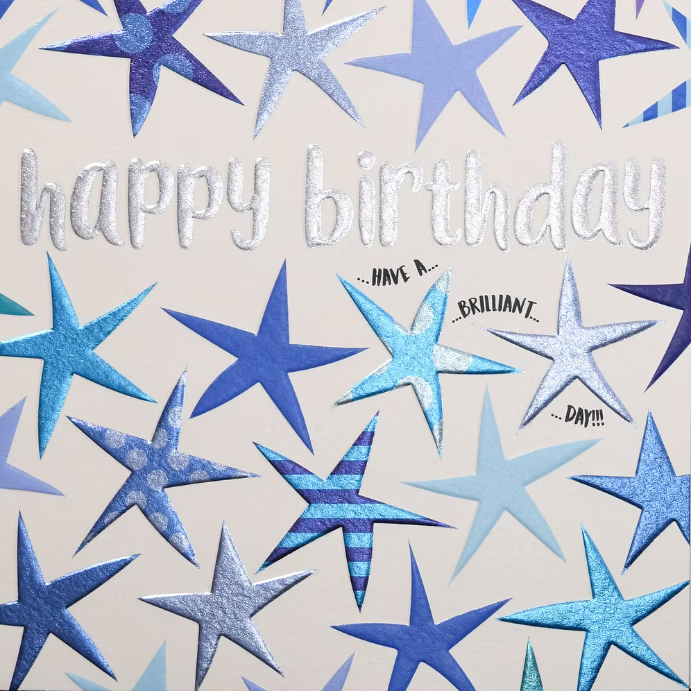 Blue stars birthday card by Wendy Jones-Blackett featuring cheerful "Happy Birthday" message for special celebrations.