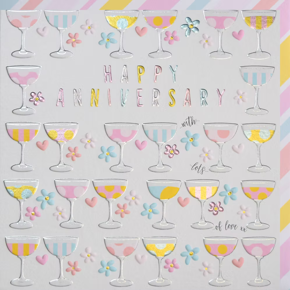 Happy Anniversary champagne card by Wendy Jones-Blackett featuring elegant design, suitable for celebrating special occasions.
