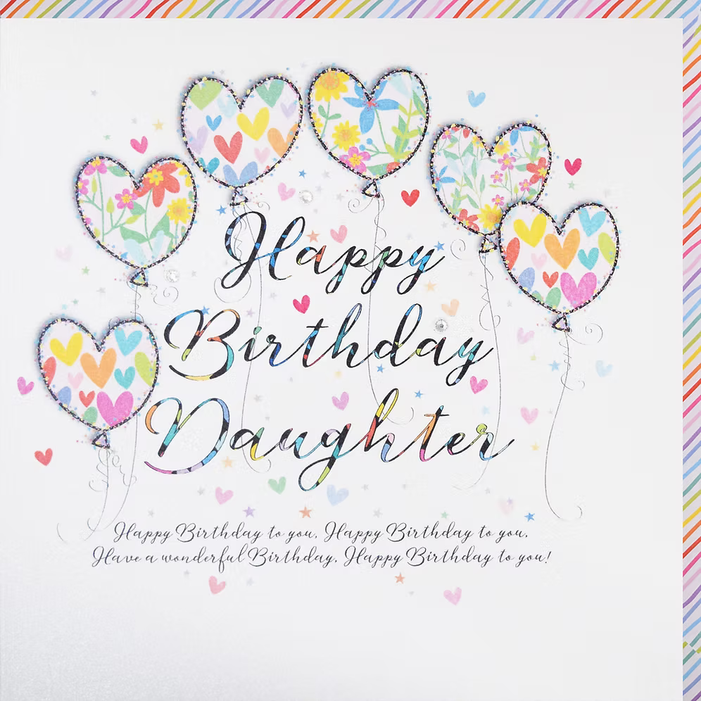 Pink and white Happy Birthday Daughter card by Wendy Jones-Blackett, featuring floral design and elegant lettering.