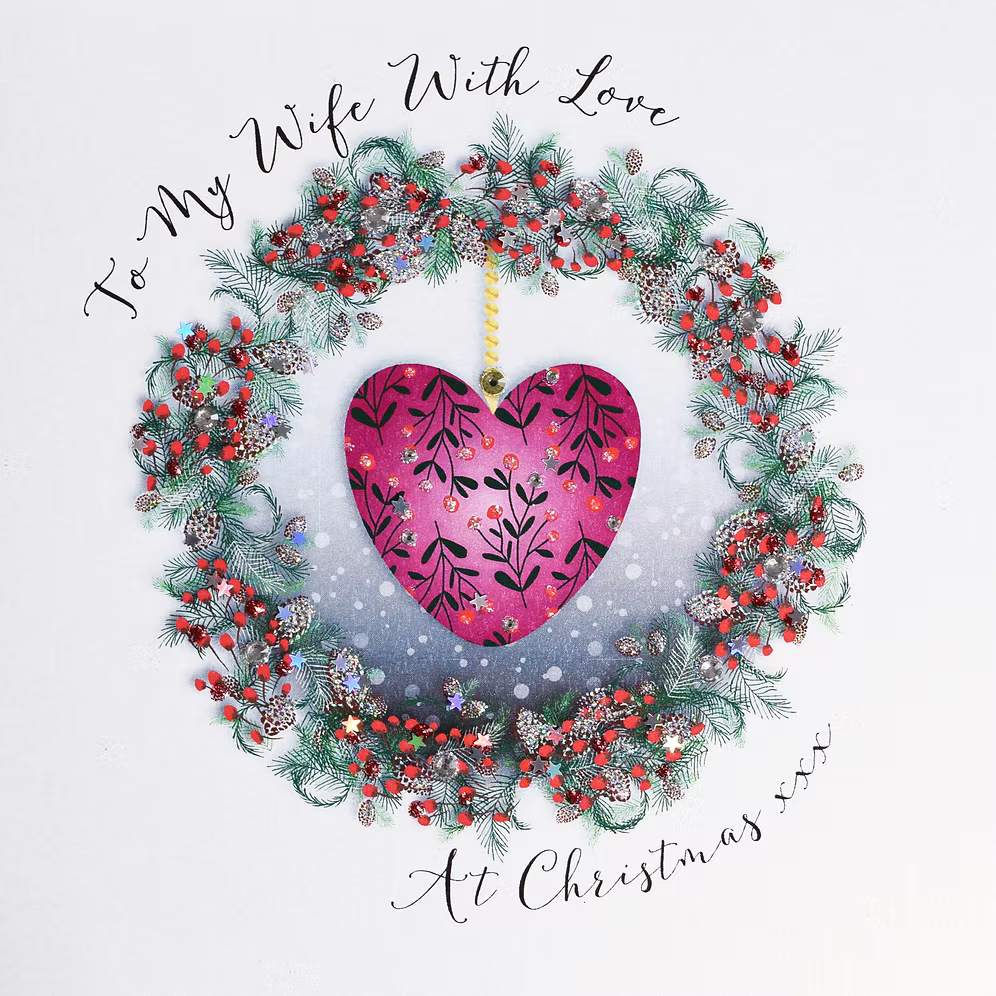 Wendy Jones-Blackett Wife Christmas card with a red heart design, featuring festive holiday greeting on a white background.
