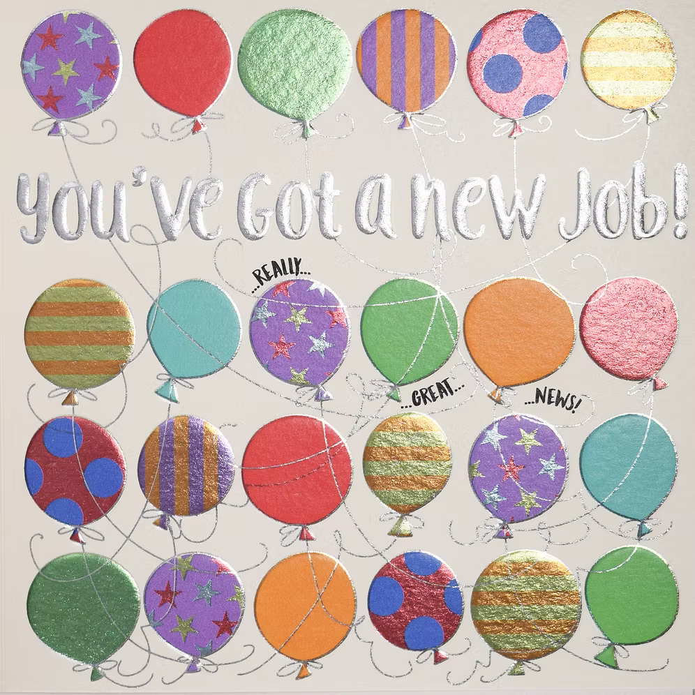 Colorful balloons on a New Job card by Wendy Jones-Blackett for Cornucopia Worcester, featuring vibrant, celebratory illustrations.