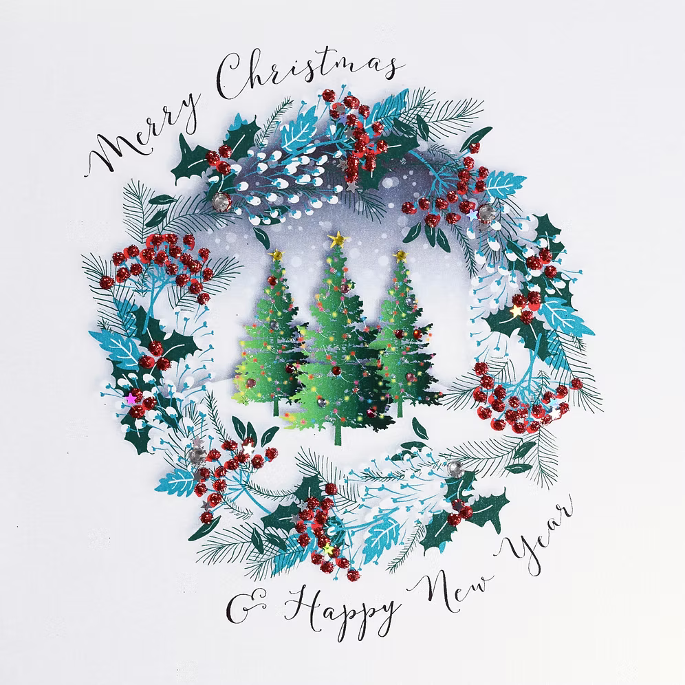 Happy Christmas card featuring festive trees designed by Wendy Jones-Blackett for Cornucopia Home and Gift.