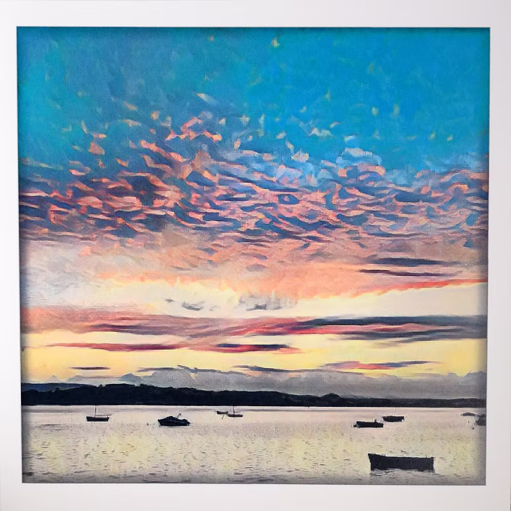 Estuary Sunset artwork by Wendy Jones-Blackett featuring warm, vibrant colors in a scenic coastal landscape.
