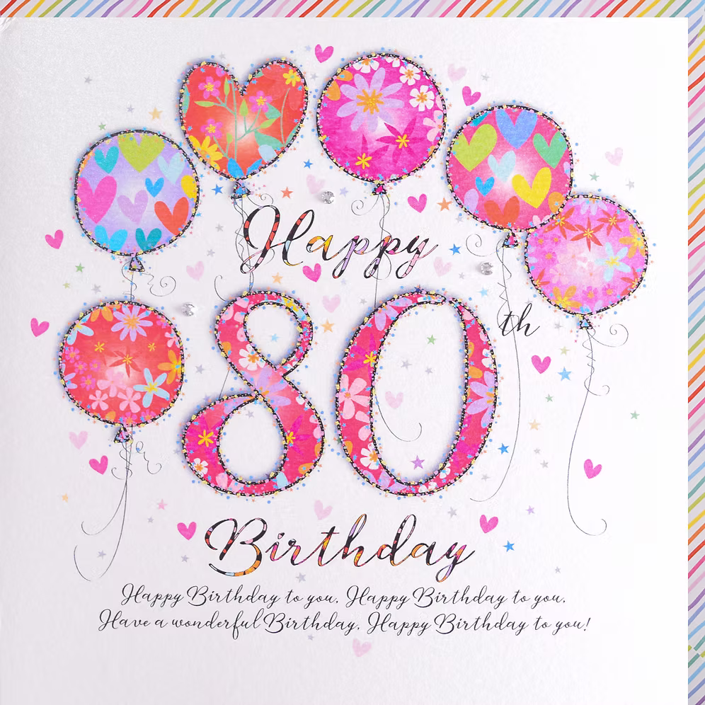 Happy 80th birthday card by Wendy Jones-Blackett featuring colorful, cheerful design for celebrating milestone birthdays.