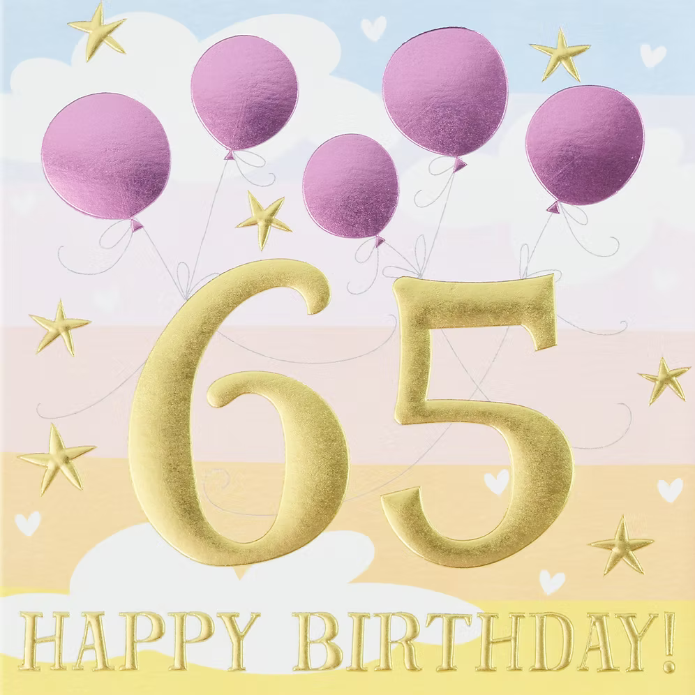 Colorful 65 Happy Birthday card by Wendy Jones-Blackett for Cornucopia Worcester, featuring cheerful birthday design.