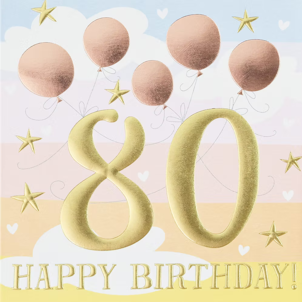 Colorful 80th birthday card by Wendy Jones-Blackett for Cornucopia Home and Gift featuring cheerful design and festive lettering.
