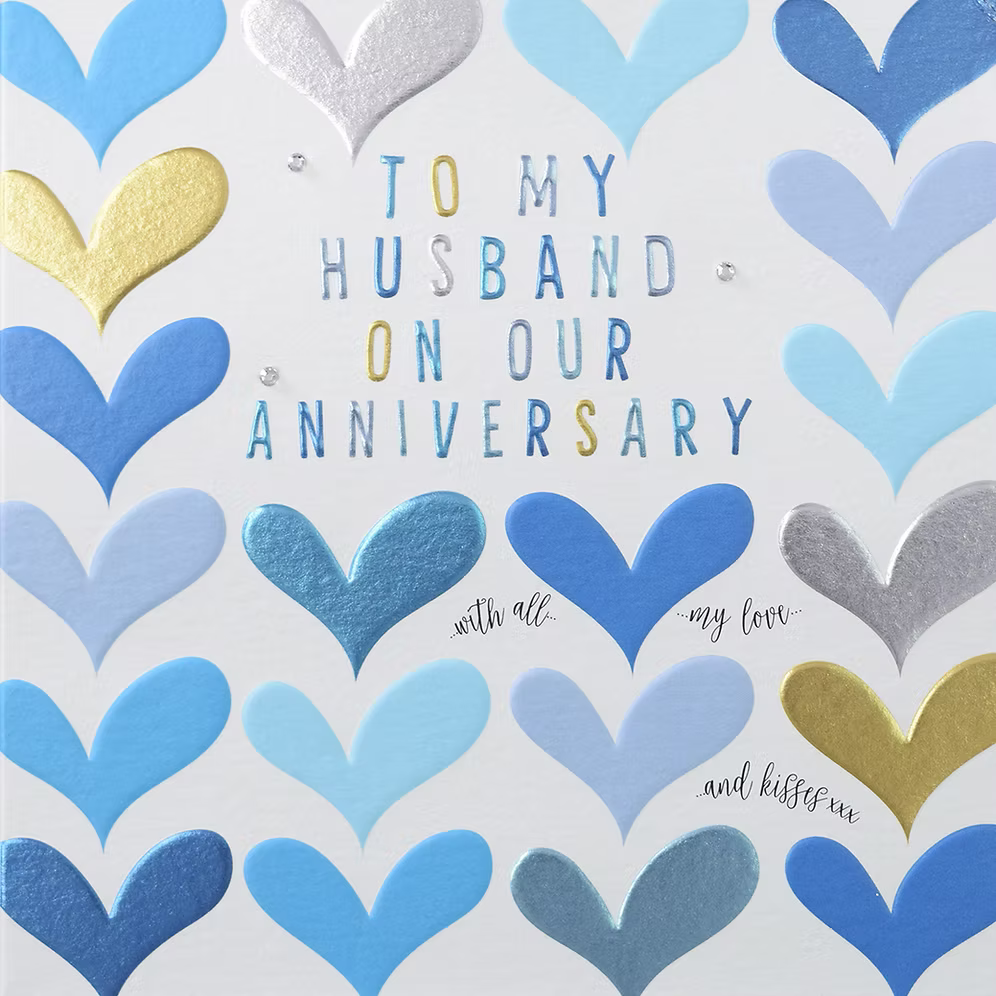 Blue hearts anniversary card for husband by Wendy Jones-Blackett, featuring romantic heart illustrations, from Cornucopia Home and Gift.
