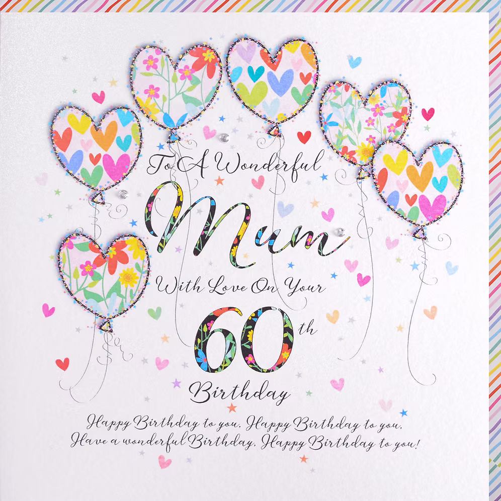 Mum 60th Birthday heart Balloons Card