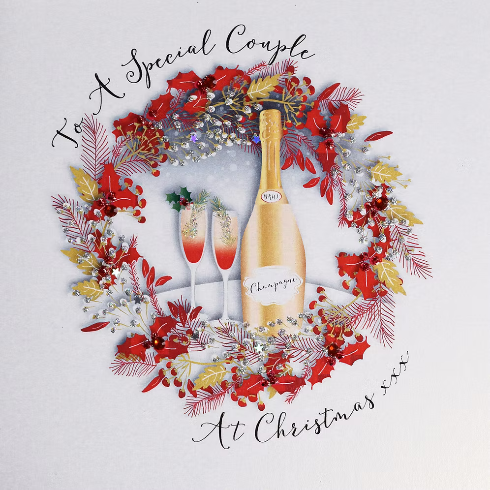 Couple in festive Christmas attire on a holiday card by Wendy Jones-Blackett for Cornucopia Home and Gift.