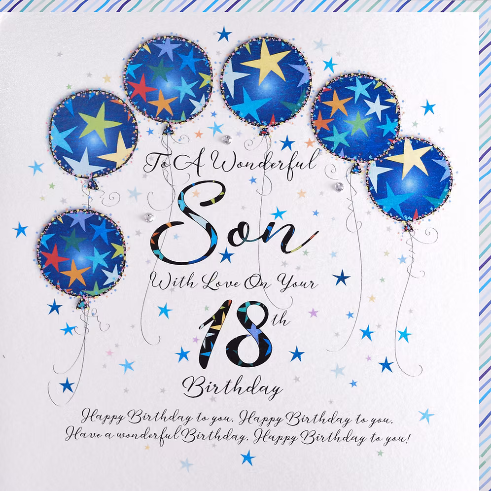 Happy 18th birthday son card by Wendy Jones-Blackett, featuring cheerful design, from Cornucopia Home and Gift.