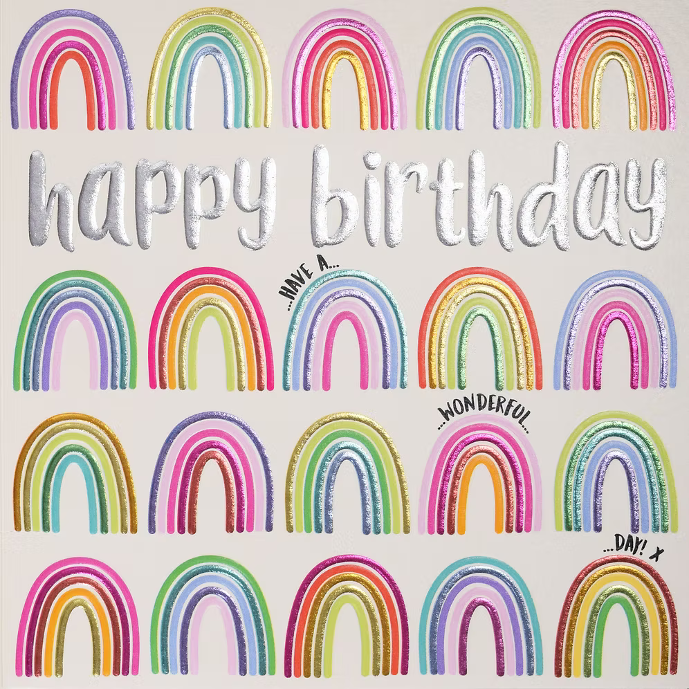 Colorful Happy Birthday rainbows card by Wendy Jones-Blackett featuring vibrant rainbow illustrations on a greeting card.