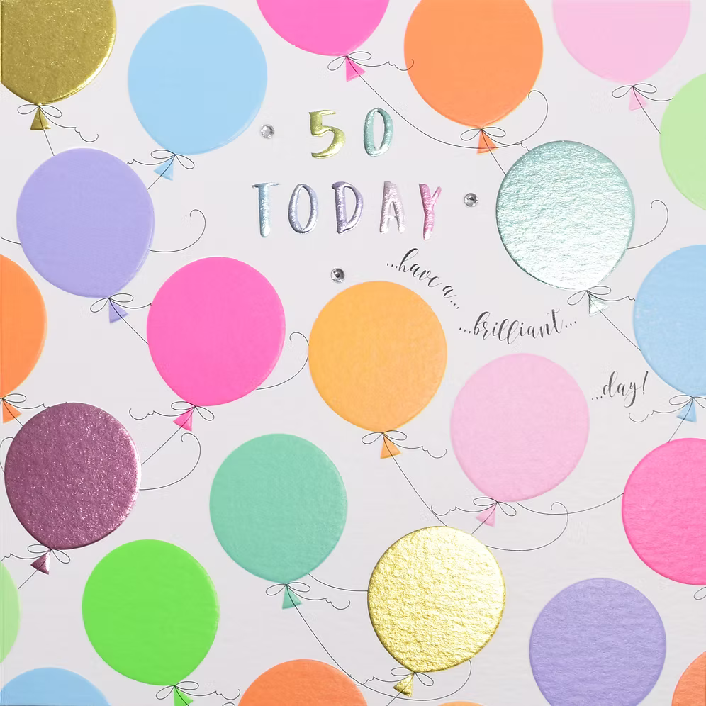 Wendy Jones-Blackett 50th birthday balloons card featuring colorful balloon illustrations for celebrating a 50th birthday.