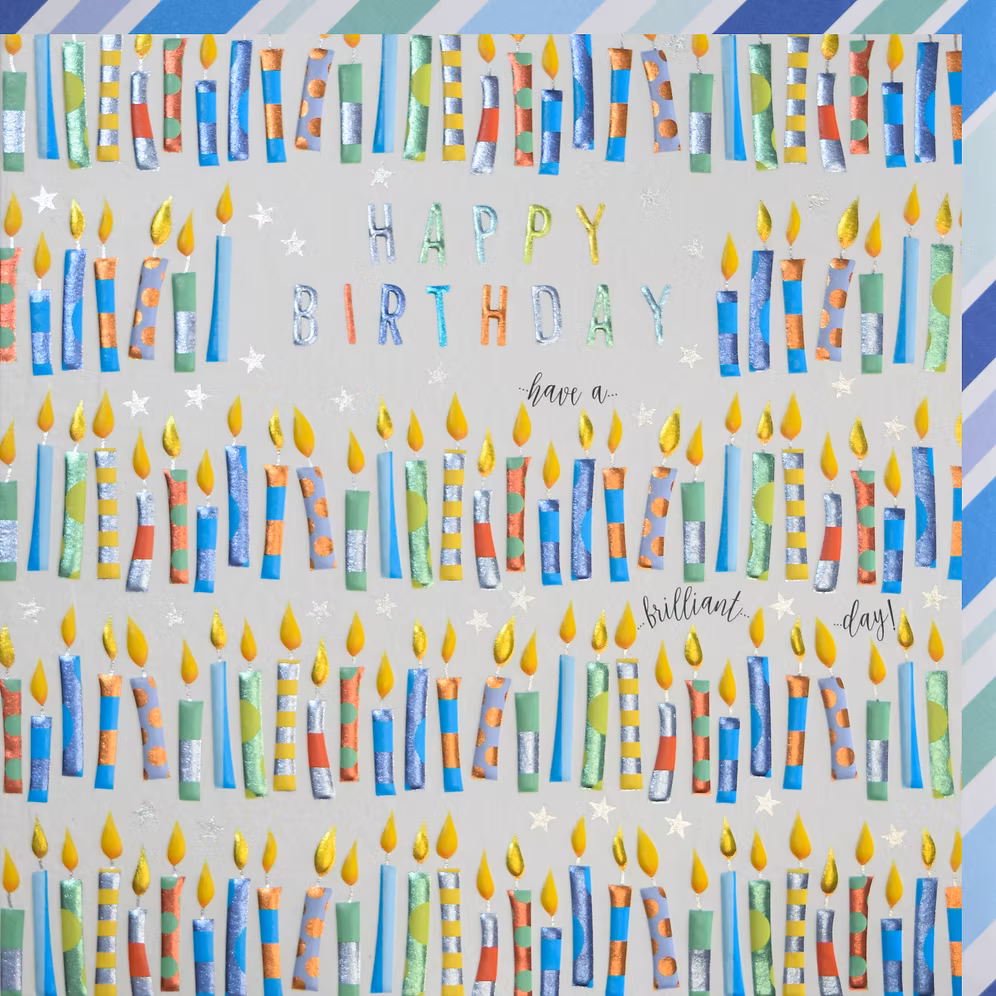 Blue birthday candle card by Wendy Jones-Blackett featuring cheerful birthday candles, ideal for celebrating special occasions.