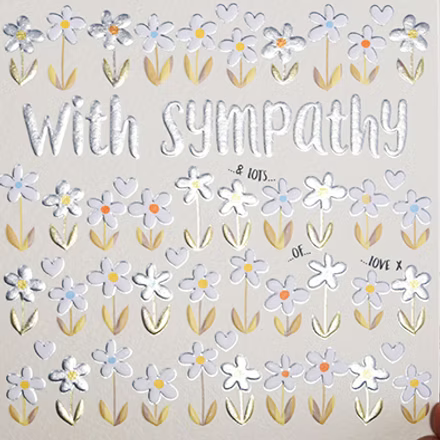 Close-up of a sympathy flowers card by Wendy Jones-Blackett for Cornucopia Home and Gift, featuring floral illustrations and heartfelt message.
