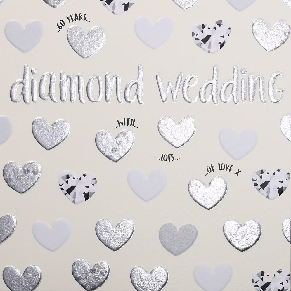 Wendy Jones-Blackett Diamond Anniversary hearts card featuring elegant design, perfect for celebrating special anniversaries.