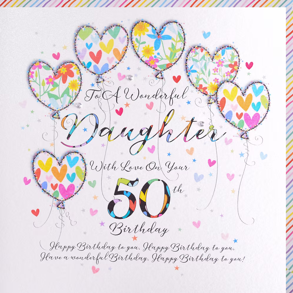 Daughter 50th Birthday Card - Heart Balloons