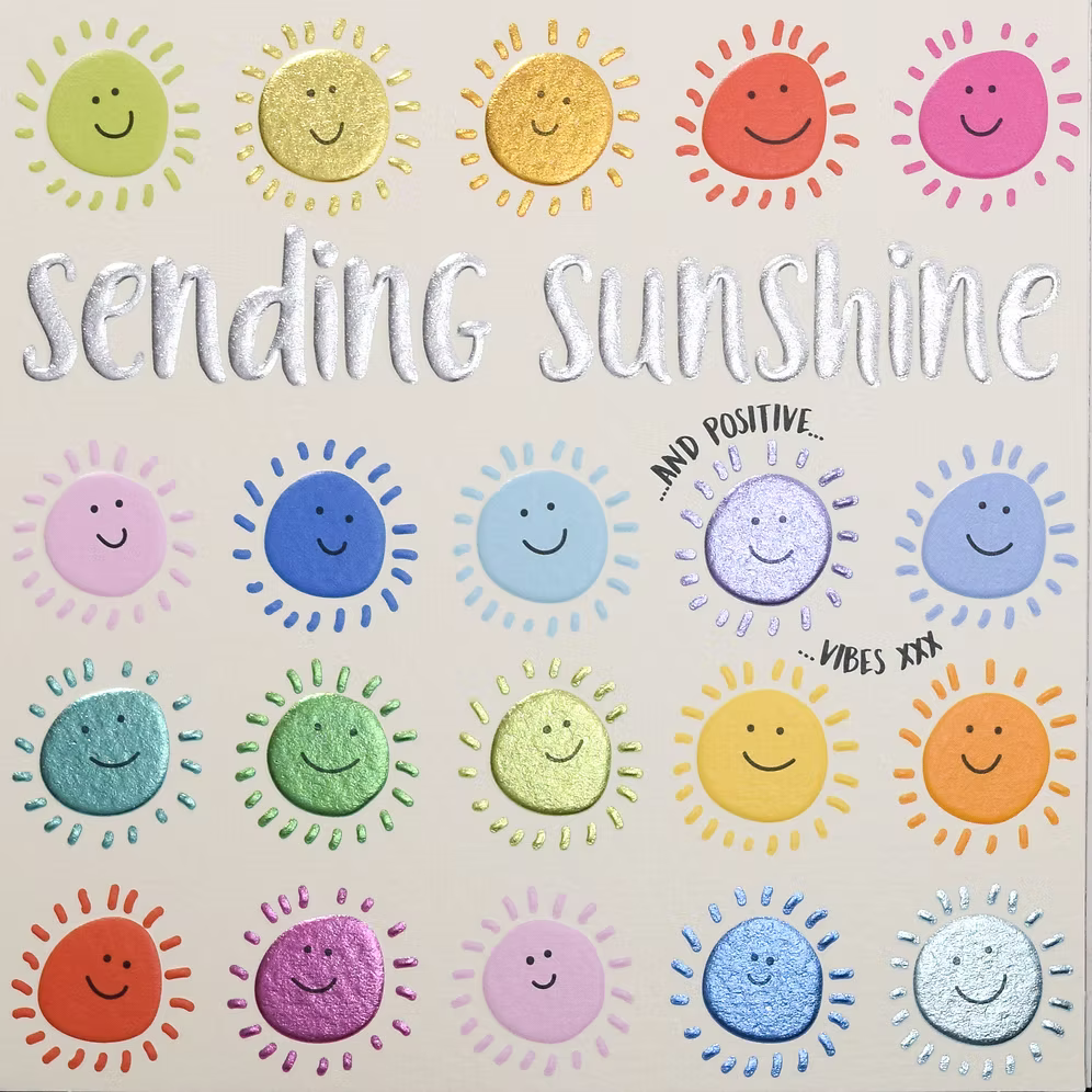 Sending Sunshine card by Wendy Jones-Blackett featuring cheerful sun illustration, perfect for uplifting greetings.