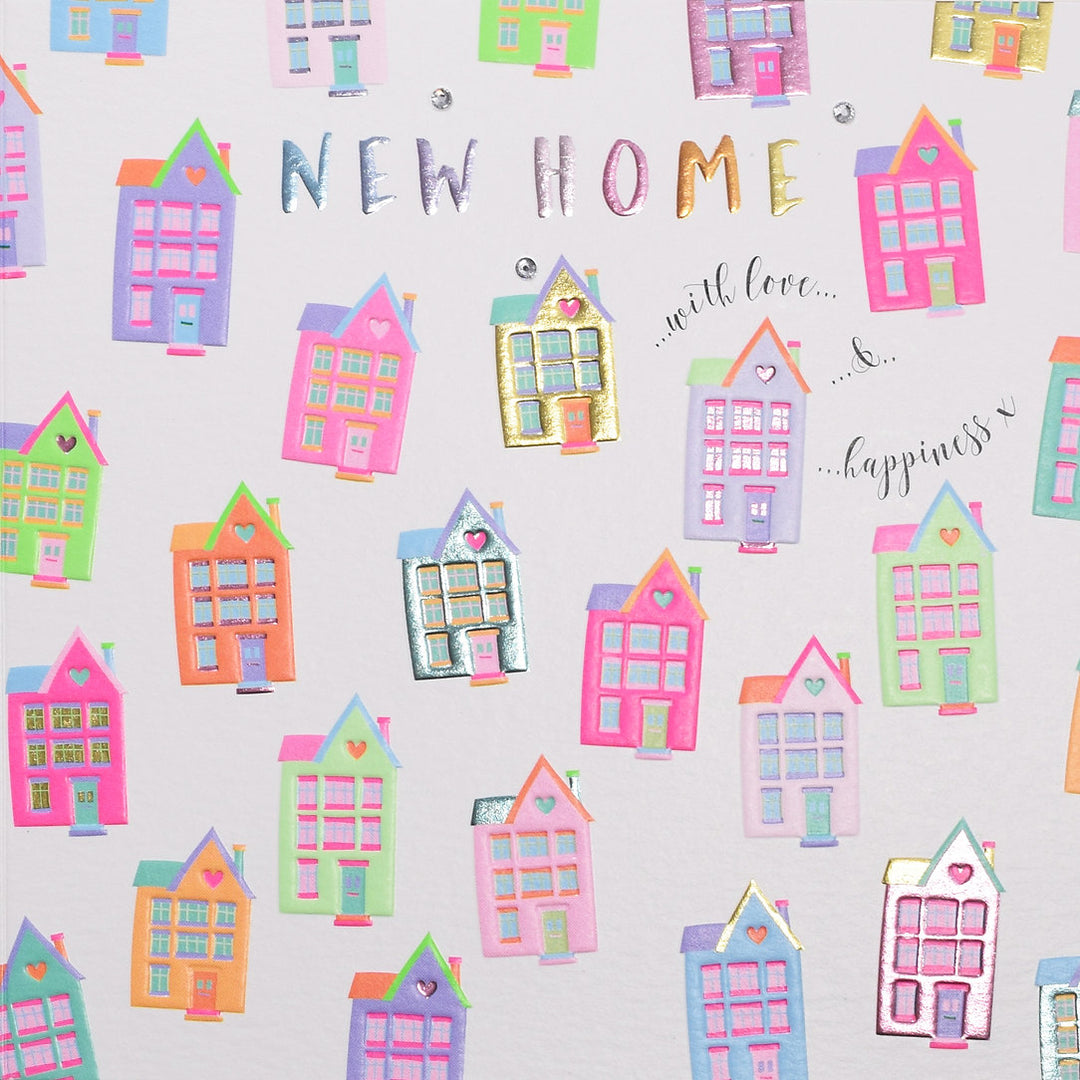 Colorful New Home Houses art print by Wendy Jones-Blackett, published by Cornucopia Worcester, featuring vibrant house illustrations.