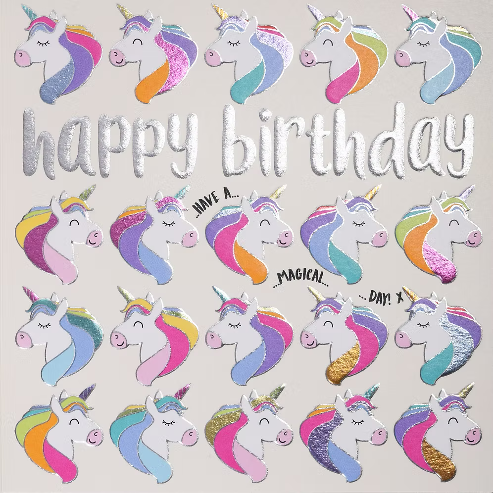 Colorful Happy Birthday Unicorns card by Wendy Jones-Blackett, featuring whimsical unicorn illustrations on a festive background.