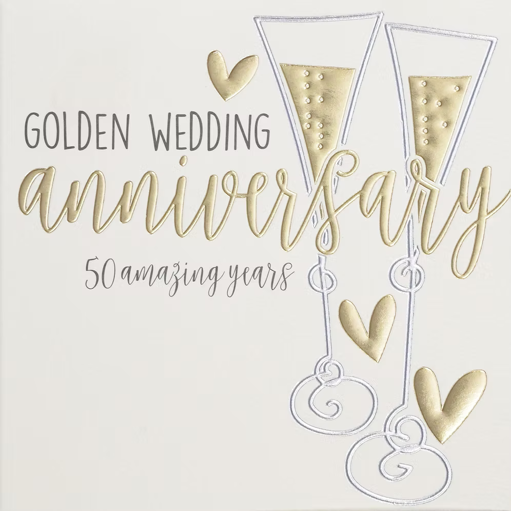 Golden Wedding Anniversary card by Wendy Jones-Blackett for Cornucopia Home and Gift, featuring elegant gold-themed design.