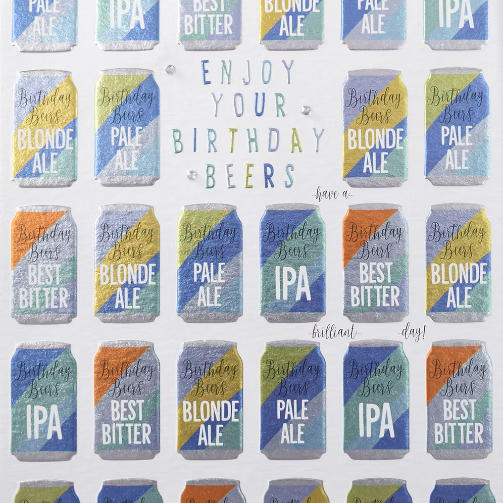 Happy Birthday Beers card by Wendy Jones-Blackett featuring colorful beer glasses and festive birthday design.