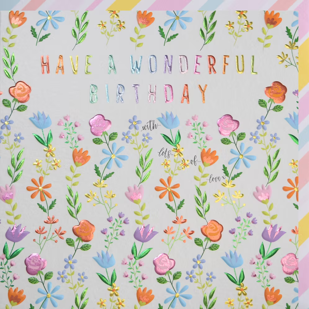 Beautiful birthday card featuring floral illustrations by Wendy Jones-Blackett for Cornucopia Home and Gift.