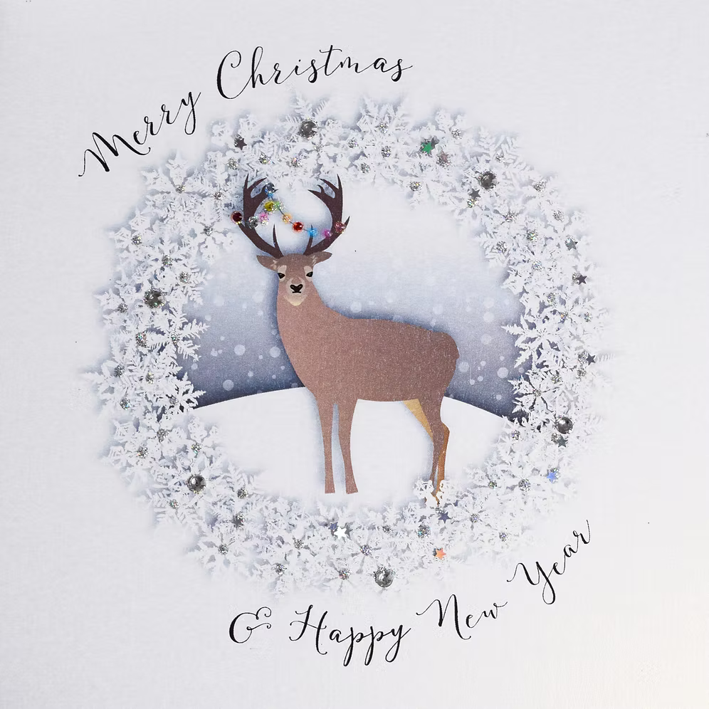Wendy Jones-Blackett Merry Christmas reindeer Christmas card with festive holiday illustration, designed by Cornucopia Home and Gift.