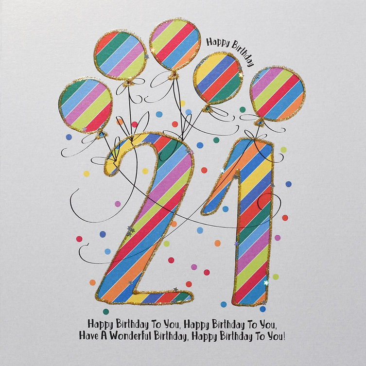Colorful 21st birthday card by Wendy Jones-Blackett for Cornucopia Home and Gift, featuring cheerful birthday message and vibrant design.