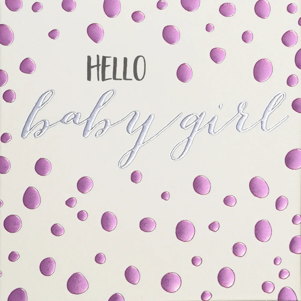 Hello Baby Girl card by Wendy Jones-Blackett featuring colorful illustrations, perfect for celebrating a new arrival.