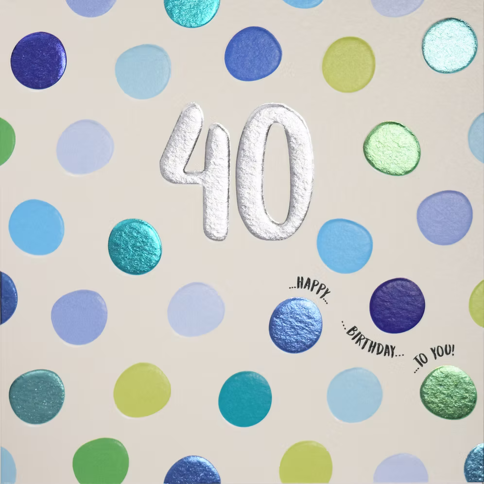 Blue 40th birthday card by Wendy Jones-Blackett, featuring cheerful design, from Cornucopia Home and Gift.