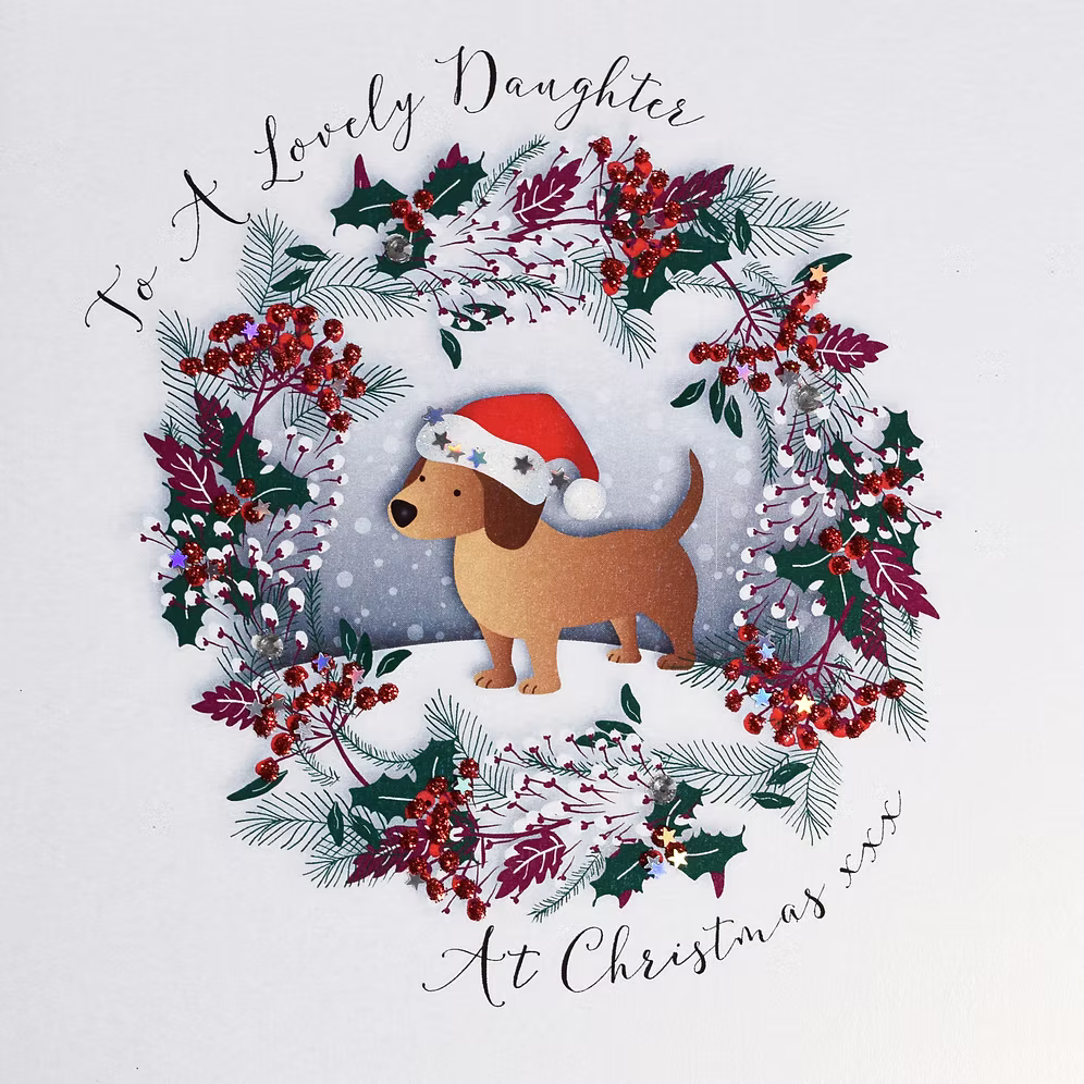 Cute Christmas card featuring a dog and daughter illustration by Wendy Jones-Blackett for Cornucopia Home and Gift.