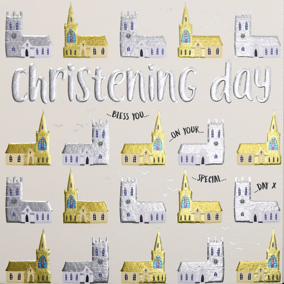 Christening card featuring religious imagery by Wendy Jones-Blackett for Cornucopia Home and Gift.