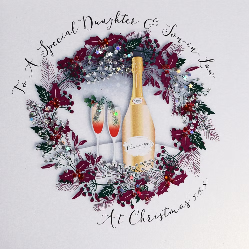 Daughter and son-in-law Christmas card by Wendy Jones-Blackett for Cornucopia Home and Gift, featuring festive design.