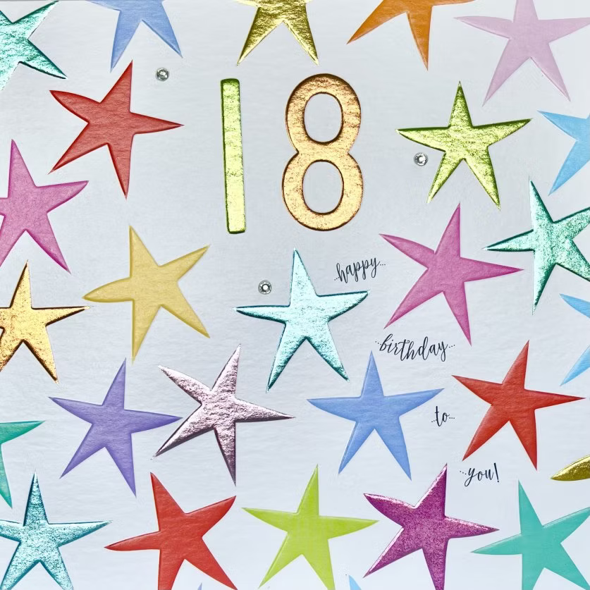 18th birthday multi-star greeting card by Wendy Jones-Blackett featuring colorful star designs, perfect for celebrating with loved ones.
