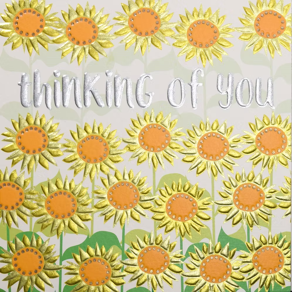 Thinking of You card with sunflower design by Wendy Jones-Blackett, featuring vibrant sunflower illustrations for heartfelt messages.