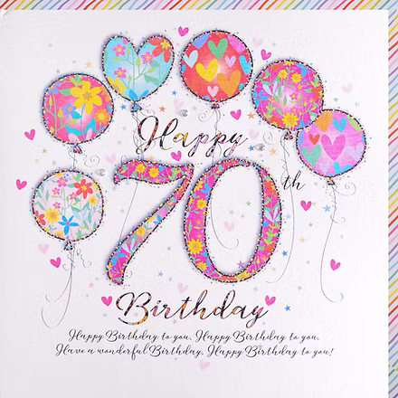 Happy 70th birthday card by Wendy Jones-Blackett featuring colorful, cheerful birthday illustration for special celebrations.